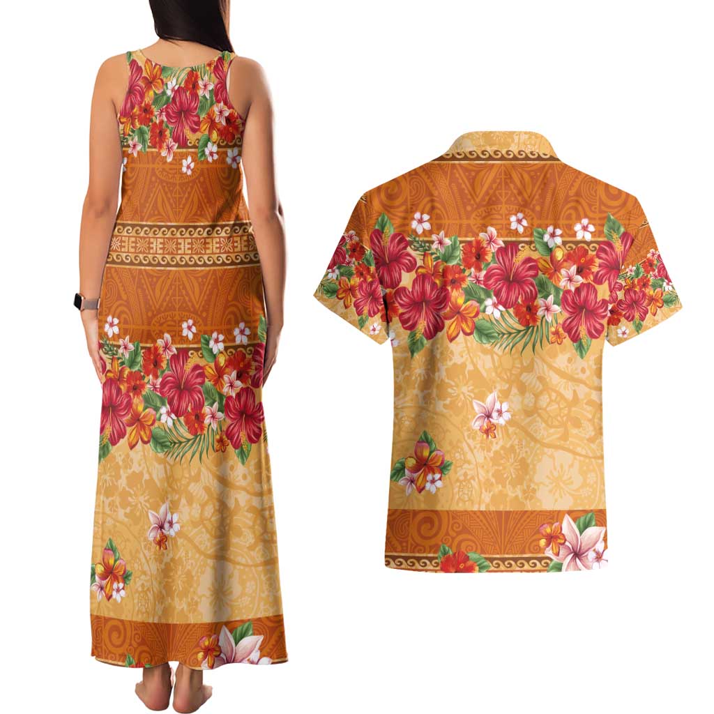 Hawaii Hibiscus Couples Matching Tank Maxi Dress and Hawaiian Shirt Turtles and Tribal Motifs Vintage Floral Style