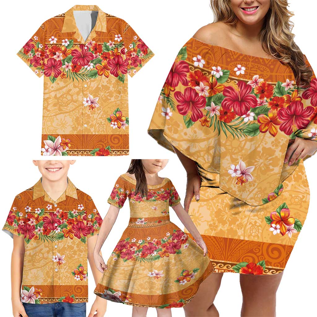 Hawaii Hibiscus Family Matching Off Shoulder Short Dress and Hawaiian Shirt Turtles and Tribal Motifs Vintage Floral Style