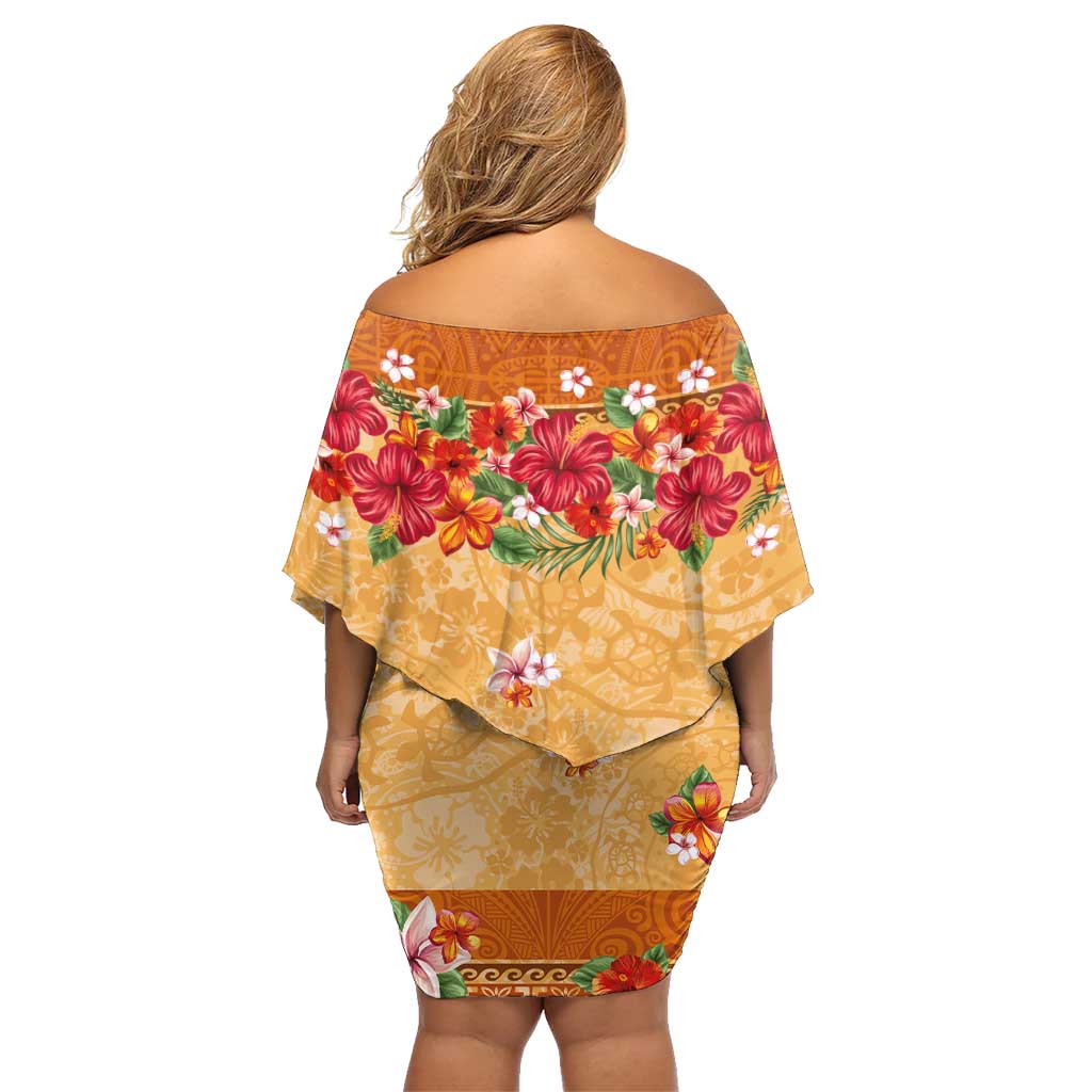 Hawaii Hibiscus Family Matching Off Shoulder Short Dress and Hawaiian Shirt Turtles and Tribal Motifs Vintage Floral Style