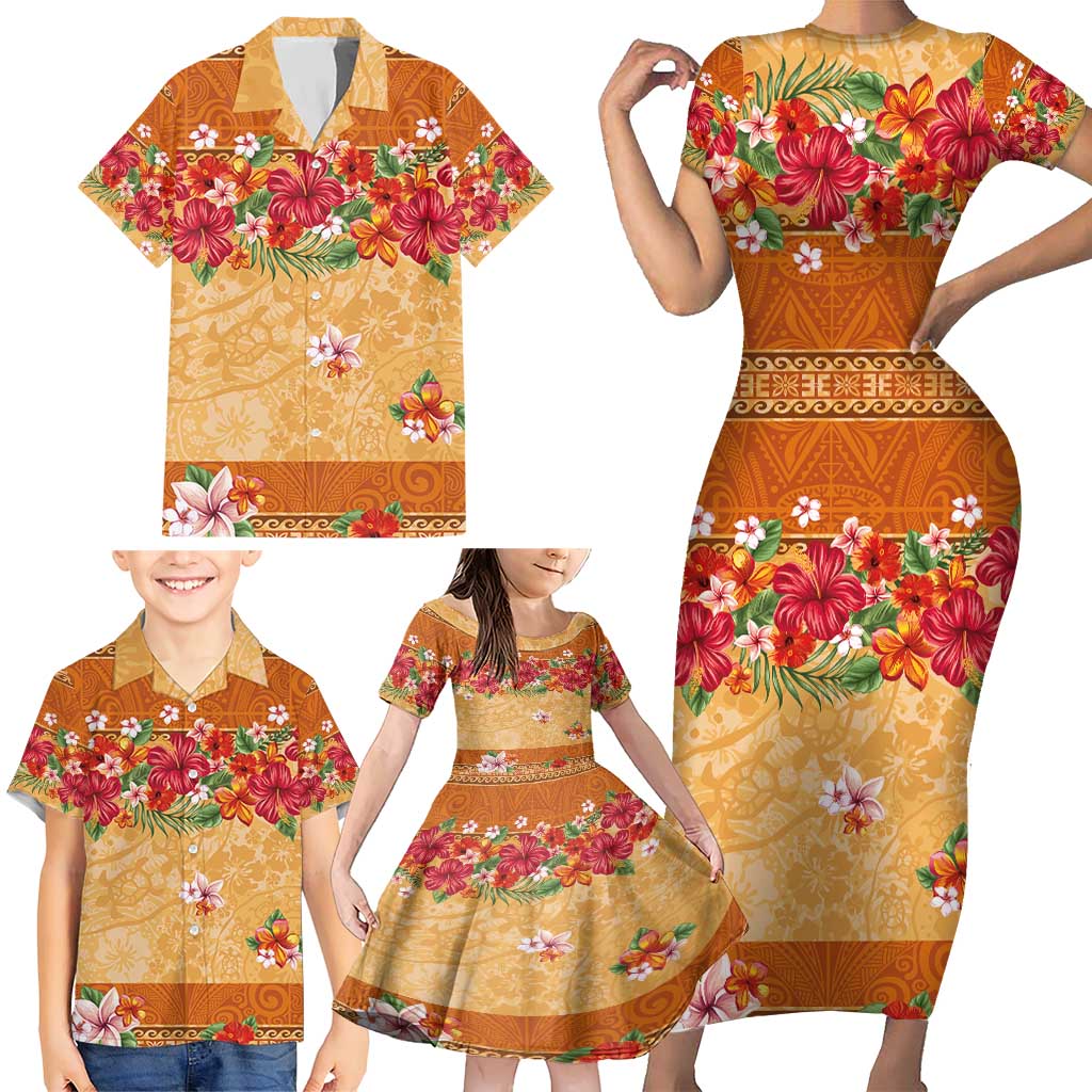 Hawaii Hibiscus Family Matching Short Sleeve Bodycon Dress and Hawaiian Shirt Turtles and Tribal Motifs Vintage Floral Style
