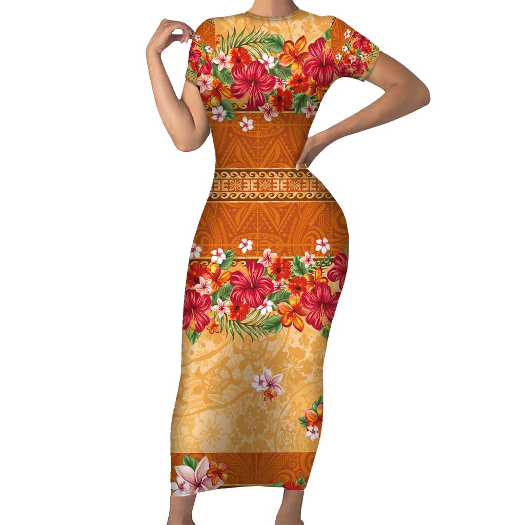 Hawaii Hibiscus Family Matching Short Sleeve Bodycon Dress and Hawaiian Shirt Turtles and Tribal Motifs Vintage Floral Style
