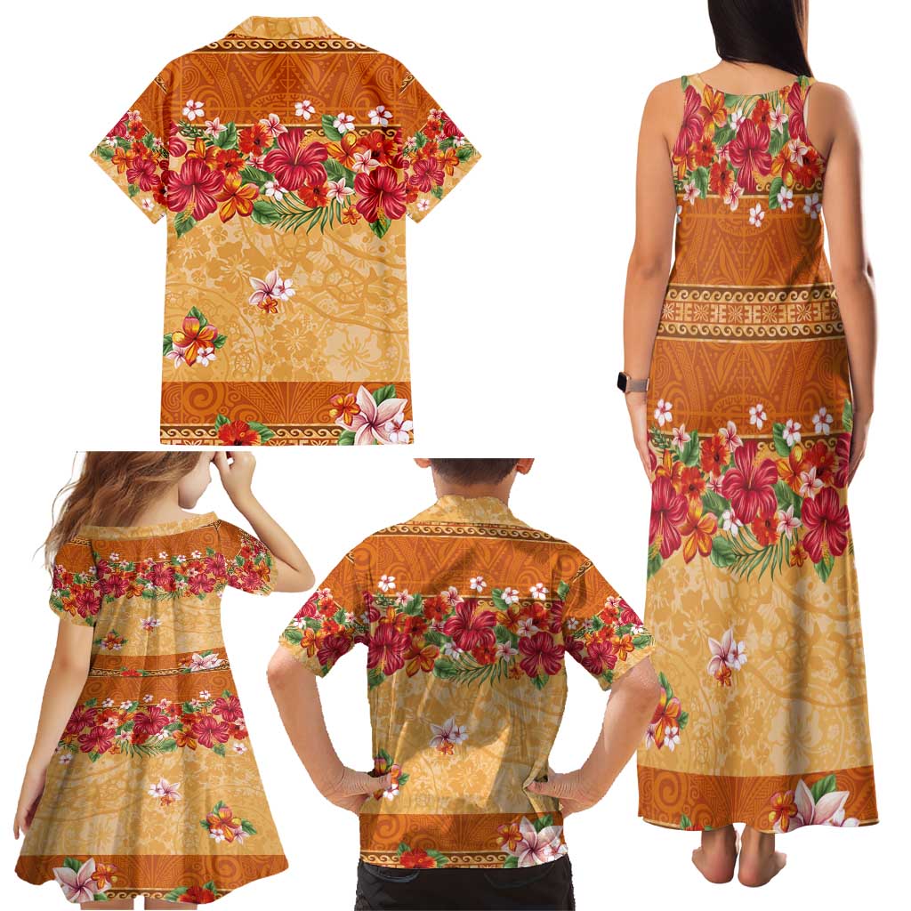 Hawaii Hibiscus Family Matching Tank Maxi Dress and Hawaiian Shirt Turtles and Tribal Motifs Vintage Floral Style