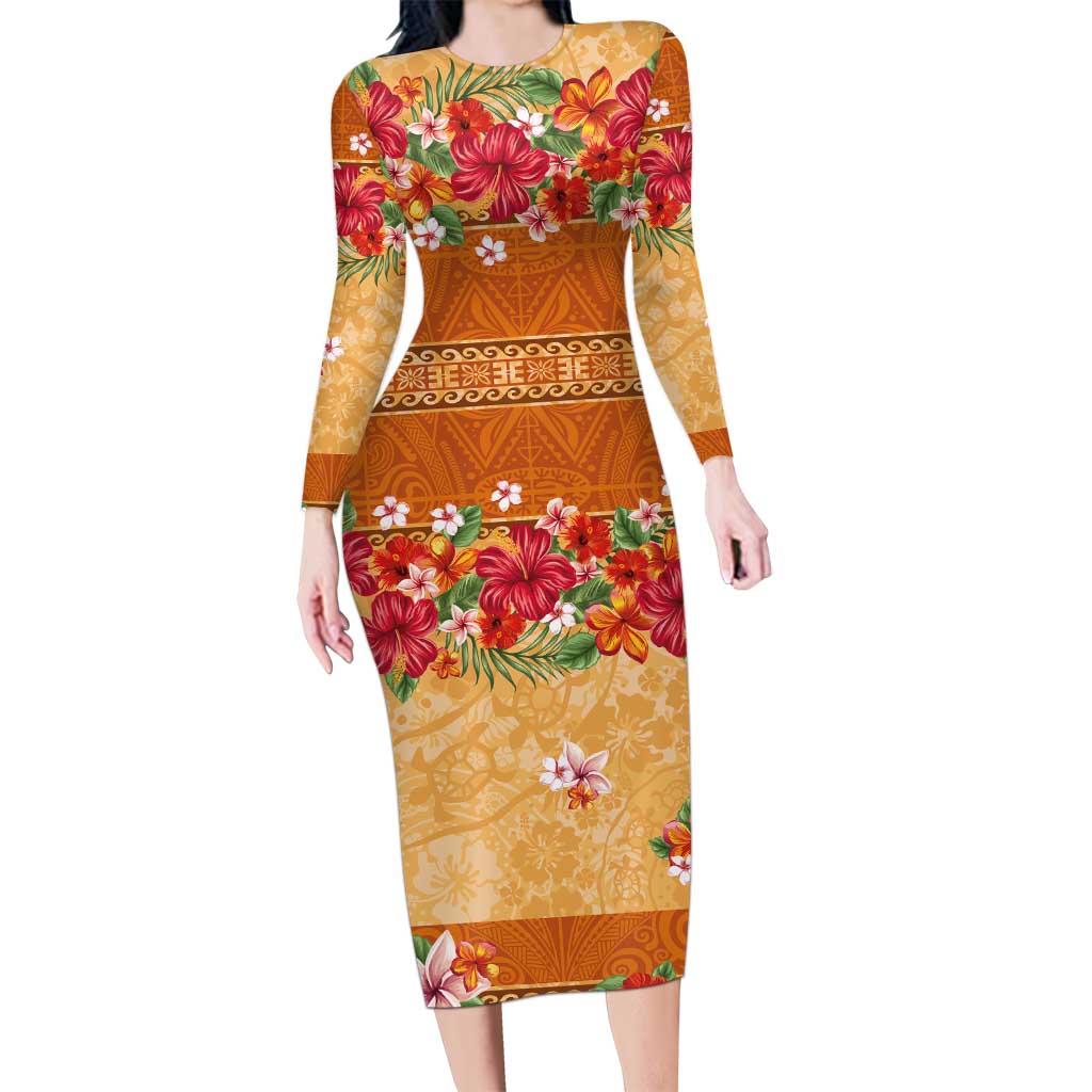Hawaii Hibiscus Long Sleeve Bodycon Dress Turtles and Tribal Motifs Vintage Floral Style