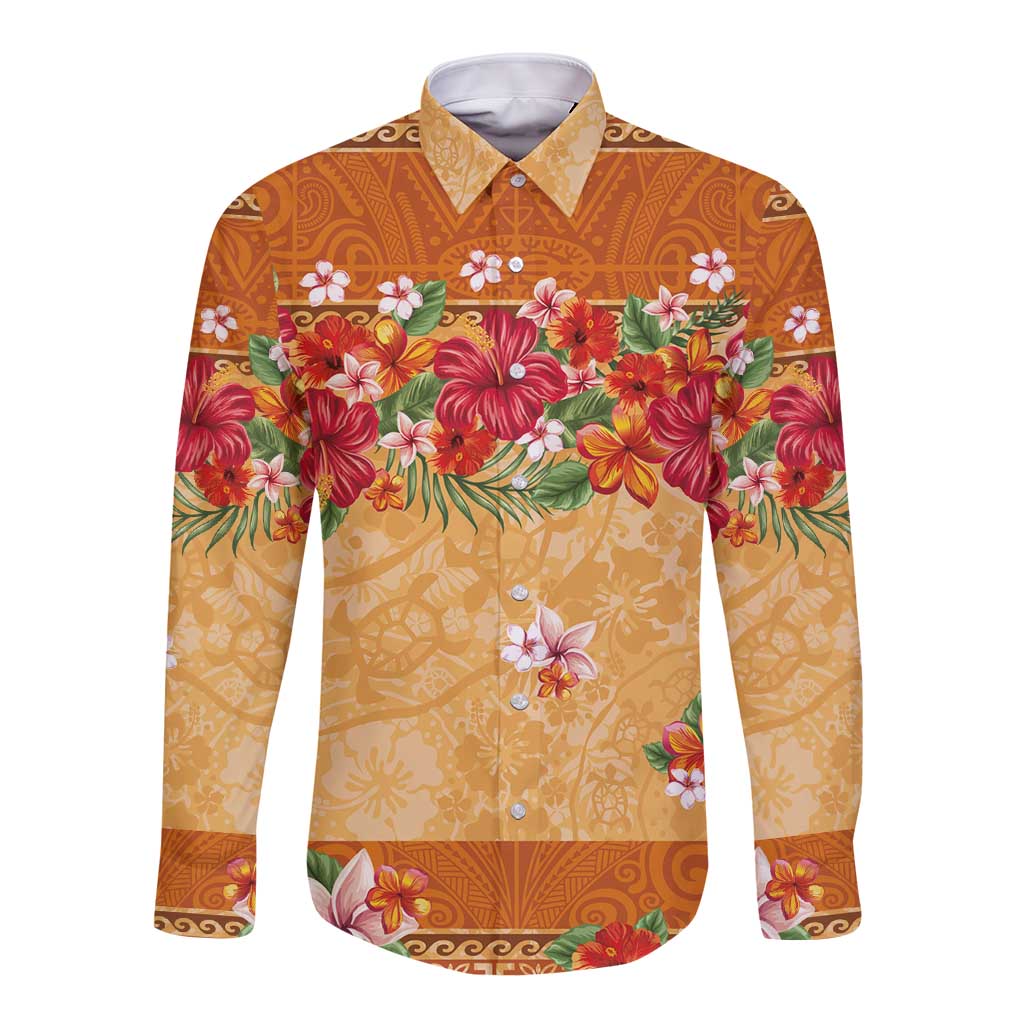 Hawaii Hibiscus Long Sleeve Button Shirt Turtles and Tribal Motifs Vintage Floral Style