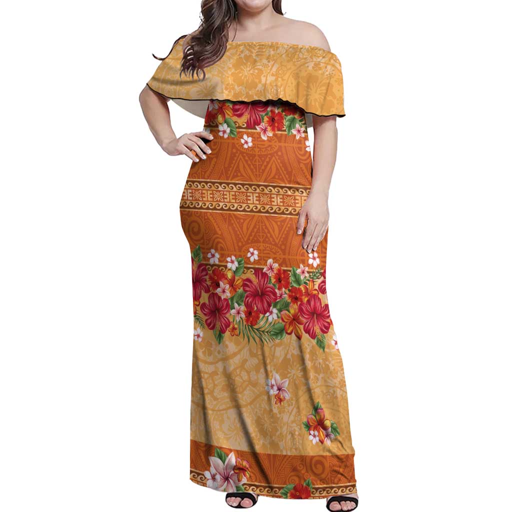 Hawaii Hibiscus Off Shoulder Maxi Dress Turtles and Tribal Motifs Vintage Floral Style LT03 Women Yellow - Polynesian Pride