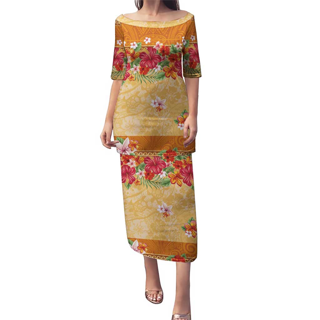 Hawaii Hibiscus Puletasi Turtles and Tribal Motifs Vintage Floral Style LT03 Long Dress Yellow - Polynesian Pride