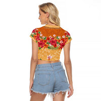 Hawaii Hibiscus Raglan Cropped T Shirt Turtles and Tribal Motifs Vintage Floral Style