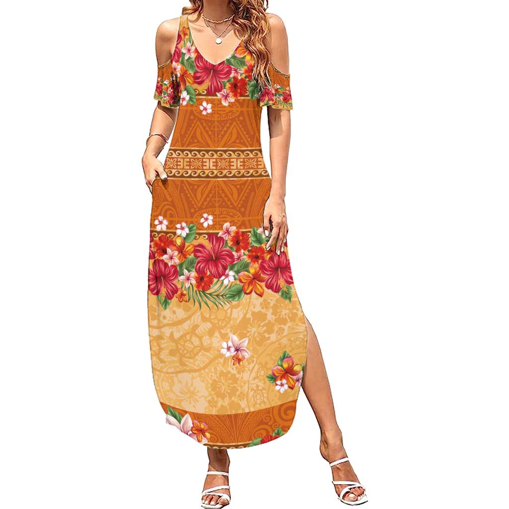 Hawaii Hibiscus Summer Maxi Dress Turtles and Tribal Motifs Vintage Floral Style LT03 Women Yellow - Polynesian Pride