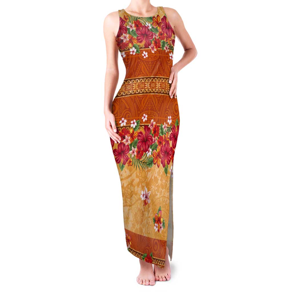 Hawaii Hibiscus Tank Maxi Dress Turtles and Tribal Motifs Vintage Floral Style LT03 Women Yellow - Polynesian Pride