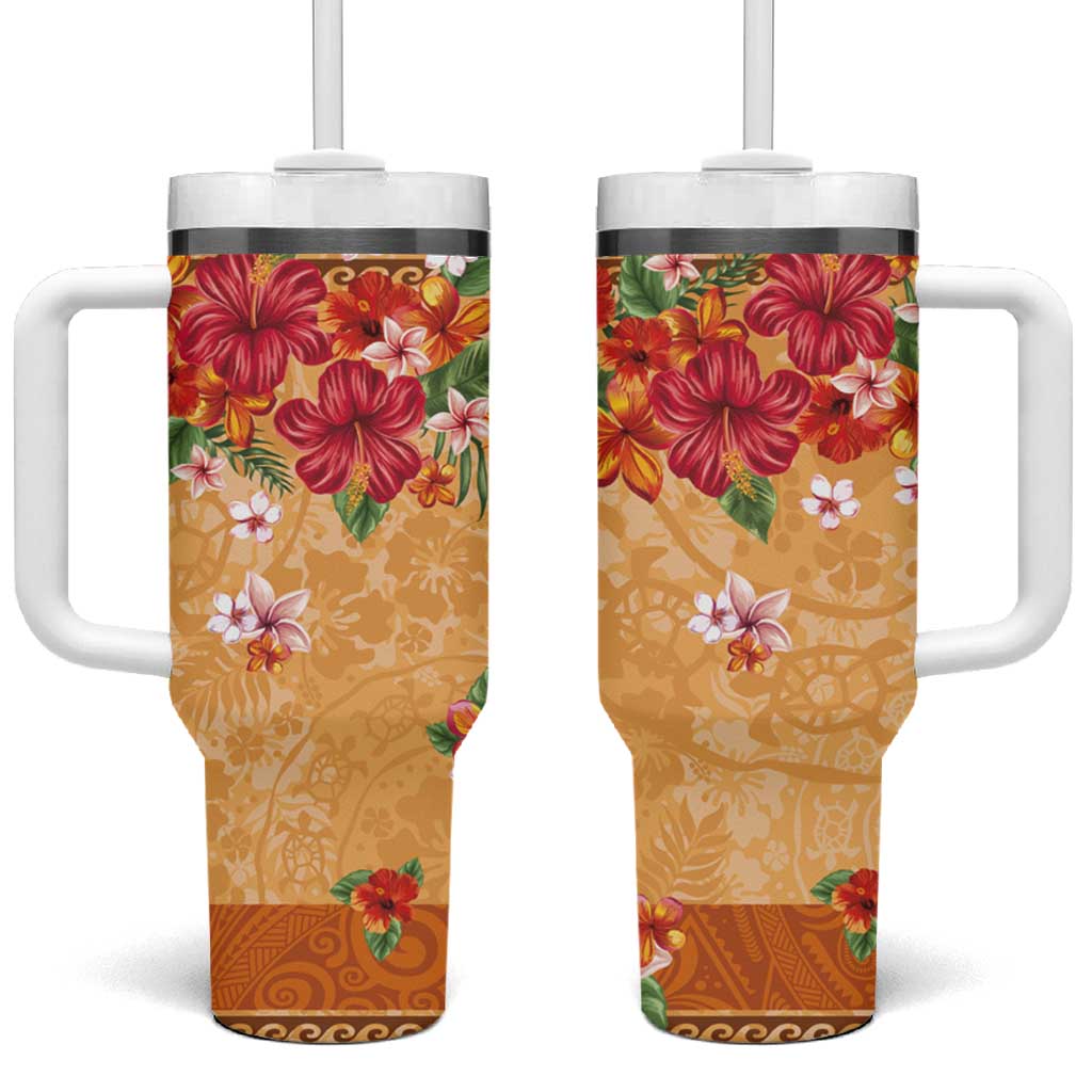 Hawaii Hibiscus Tumbler With Handle Turtles and Tribal Motifs Vintage Floral Style