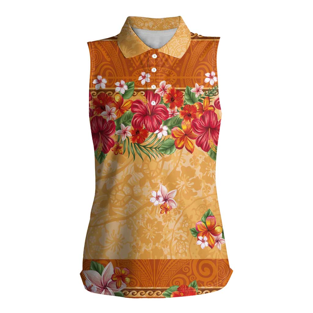 Hawaii Hibiscus Women Sleeveless Polo Shirt Turtles and Tribal Motifs Vintage Floral Style