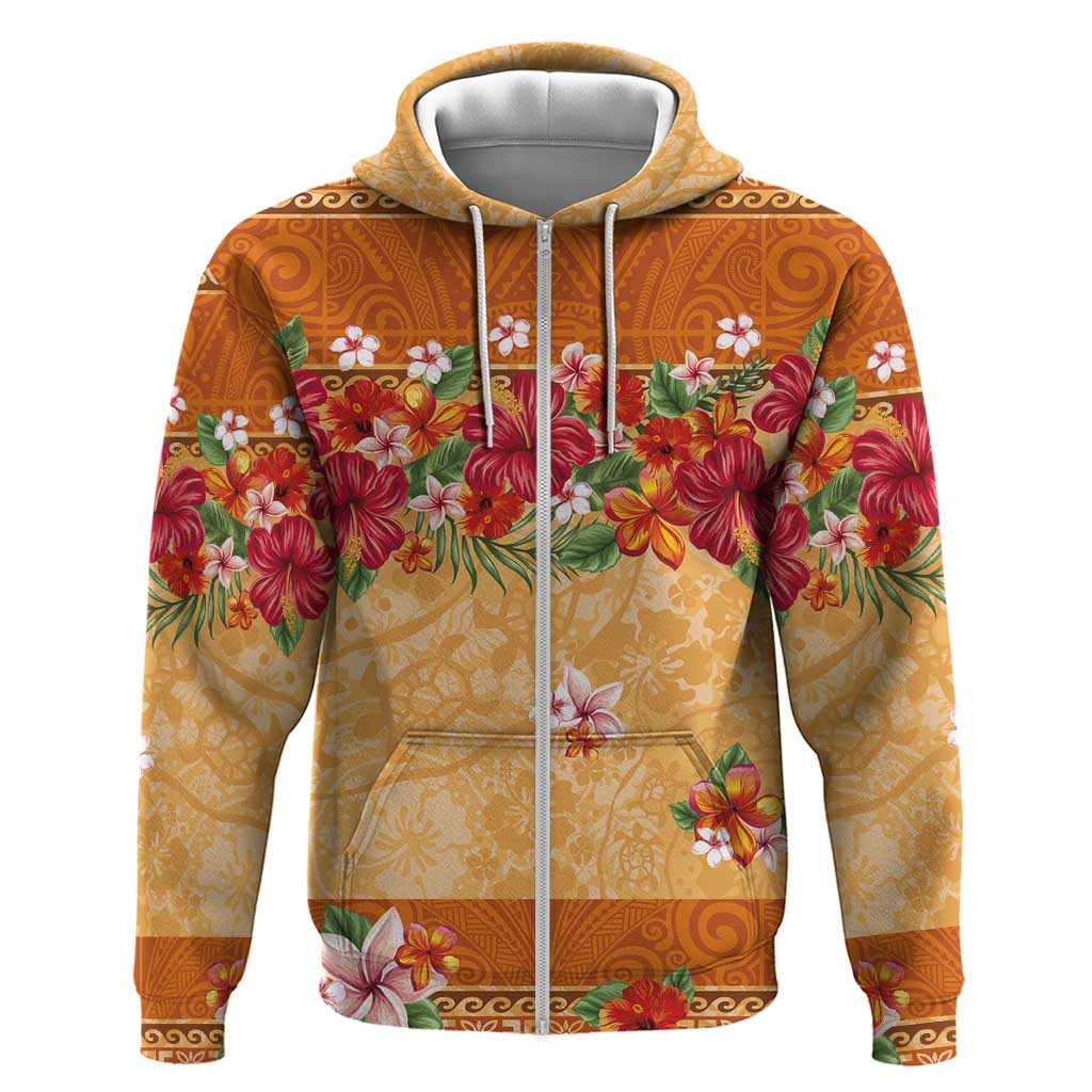 Hawaii Hibiscus Zip Hoodie Turtles and Tribal Motifs Vintage Floral Style