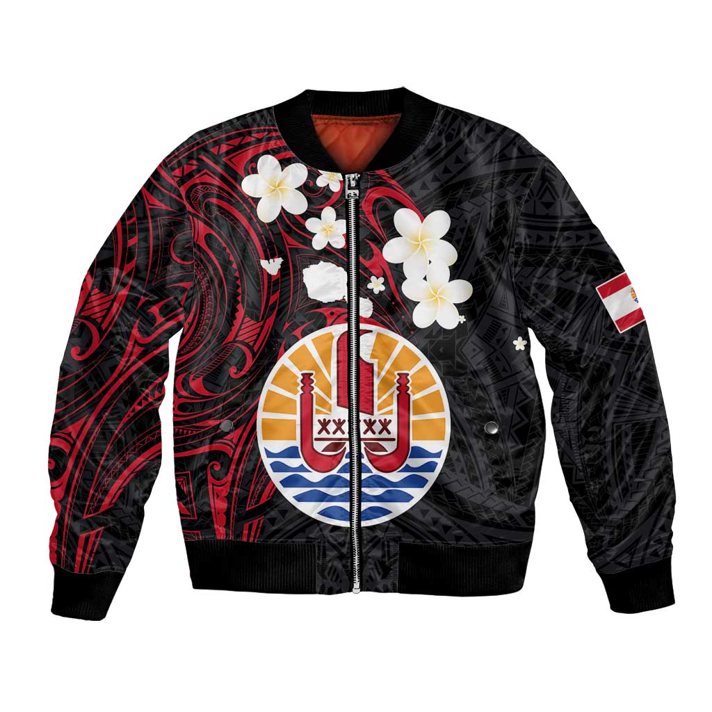 French Polynesia Tiare Day Bomber Jacket Seal and Polynesian Pattern LT03 Unisex Black - Polynesian Pride