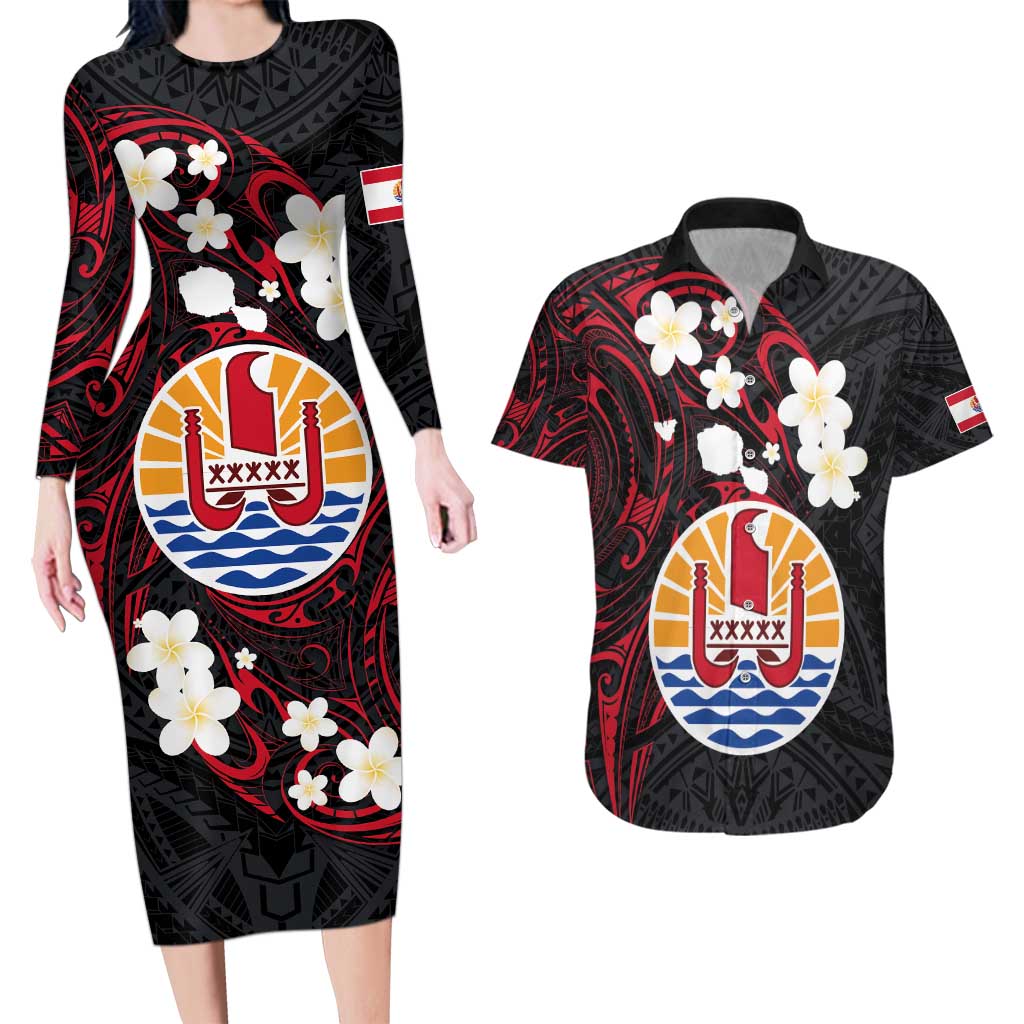 French Polynesia Tiare Day Couples Matching Long Sleeve Bodycon Dress and Hawaiian Shirt Seal and Polynesian Pattern