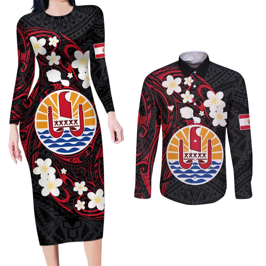 French Polynesia Tiare Day Couples Matching Long Sleeve Bodycon Dress and Long Sleeve Button Shirt Seal and Polynesian Pattern