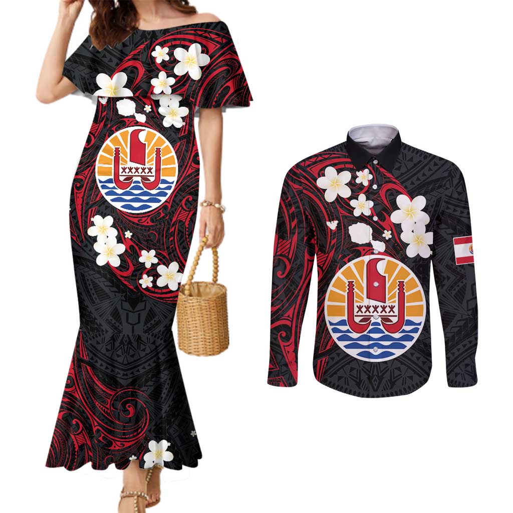 French Polynesia Tiare Day Couples Matching Mermaid Dress and Long Sleeve Button Shirt Seal and Polynesian Pattern