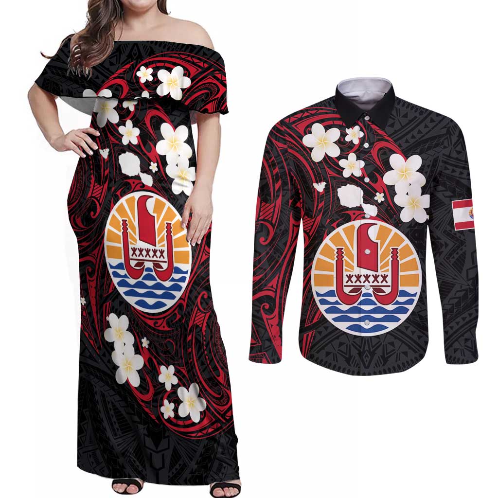 French Polynesia Tiare Day Couples Matching Off Shoulder Maxi Dress and Long Sleeve Button Shirt Seal and Polynesian Pattern