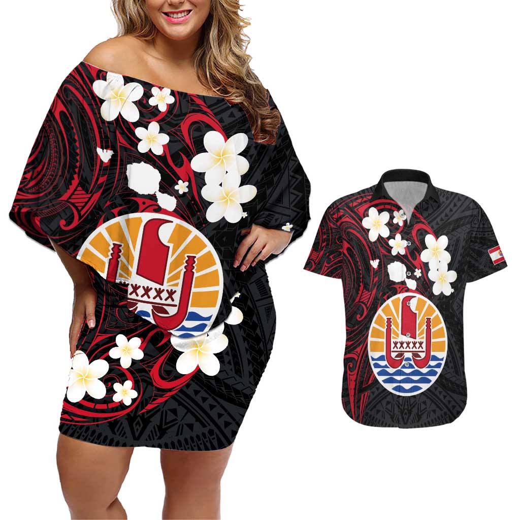 French Polynesia Tiare Day Couples Matching Off Shoulder Short Dress and Hawaiian Shirt Seal and Polynesian Pattern