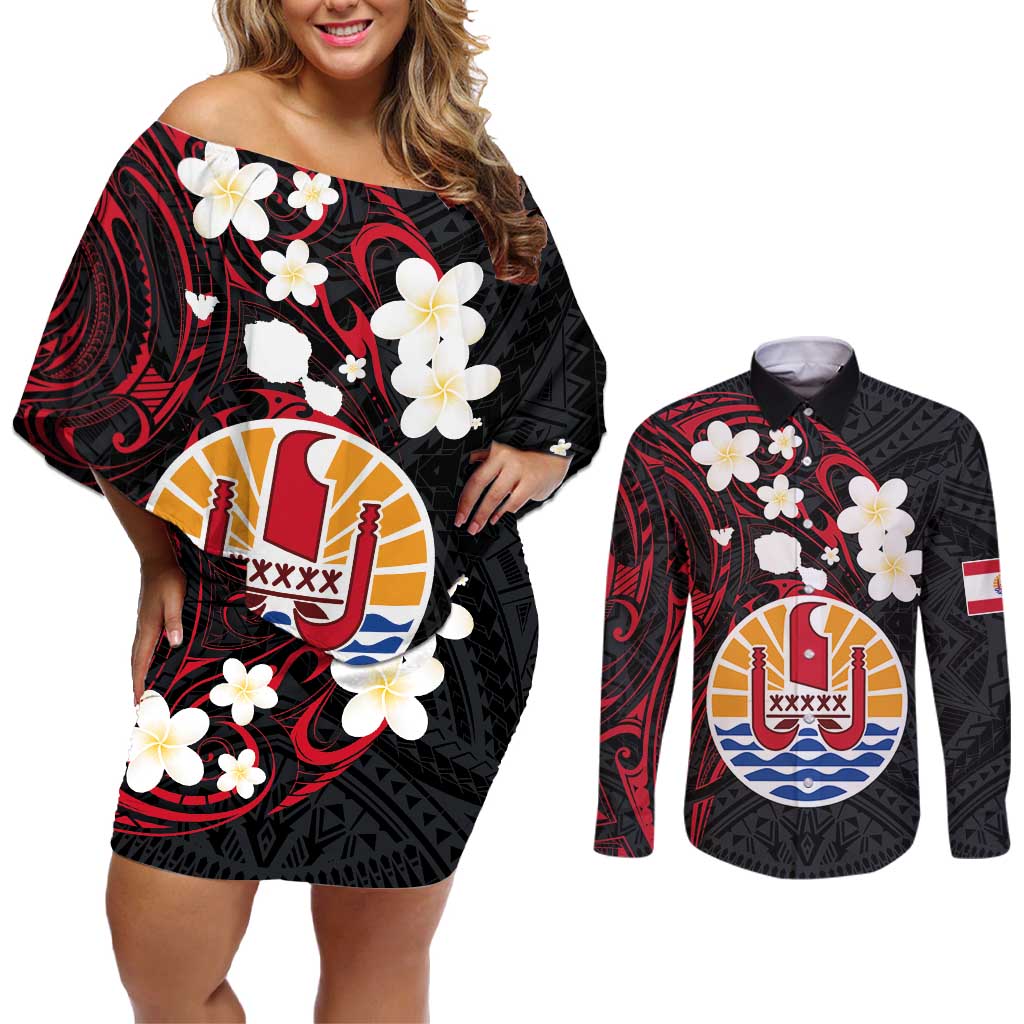 French Polynesia Tiare Day Couples Matching Off Shoulder Short Dress and Long Sleeve Button Shirt Seal and Polynesian Pattern