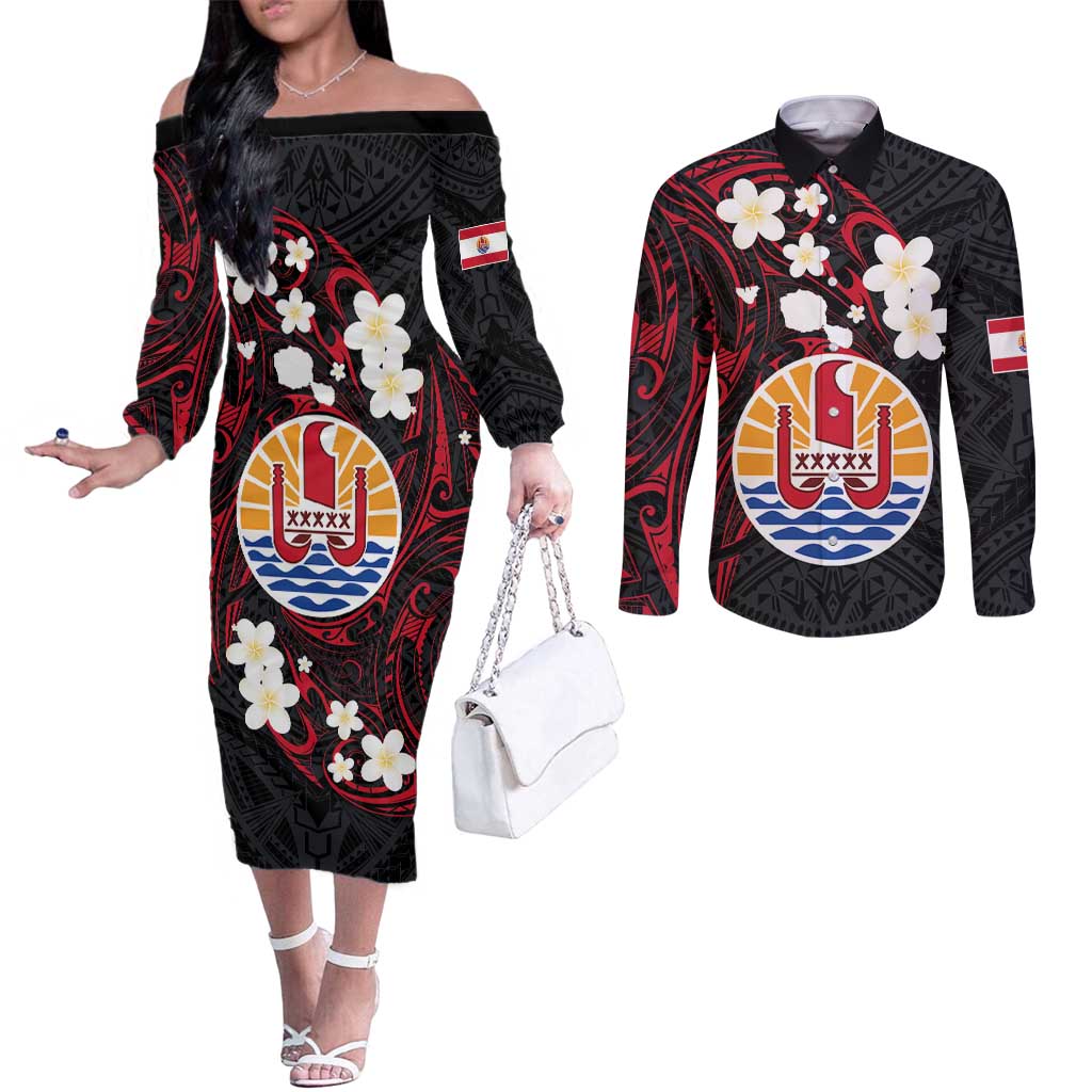 French Polynesia Tiare Day Couples Matching Off The Shoulder Long Sleeve Dress and Long Sleeve Button Shirt Seal and Polynesian Pattern