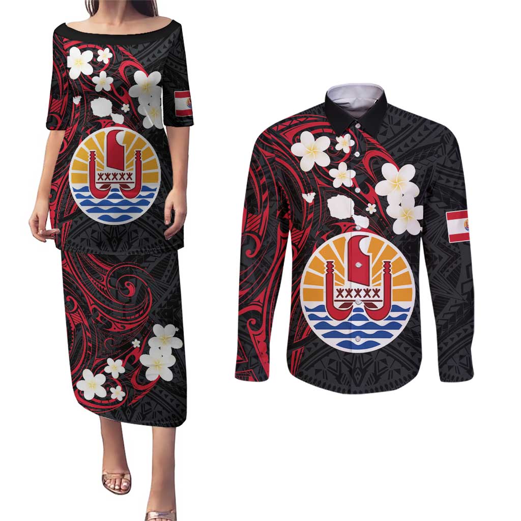 French Polynesia Tiare Day Couples Matching Puletasi and Long Sleeve Button Shirt Seal and Polynesian Pattern