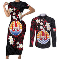 French Polynesia Tiare Day Couples Matching Short Sleeve Bodycon Dress and Long Sleeve Button Shirt Seal and Polynesian Pattern