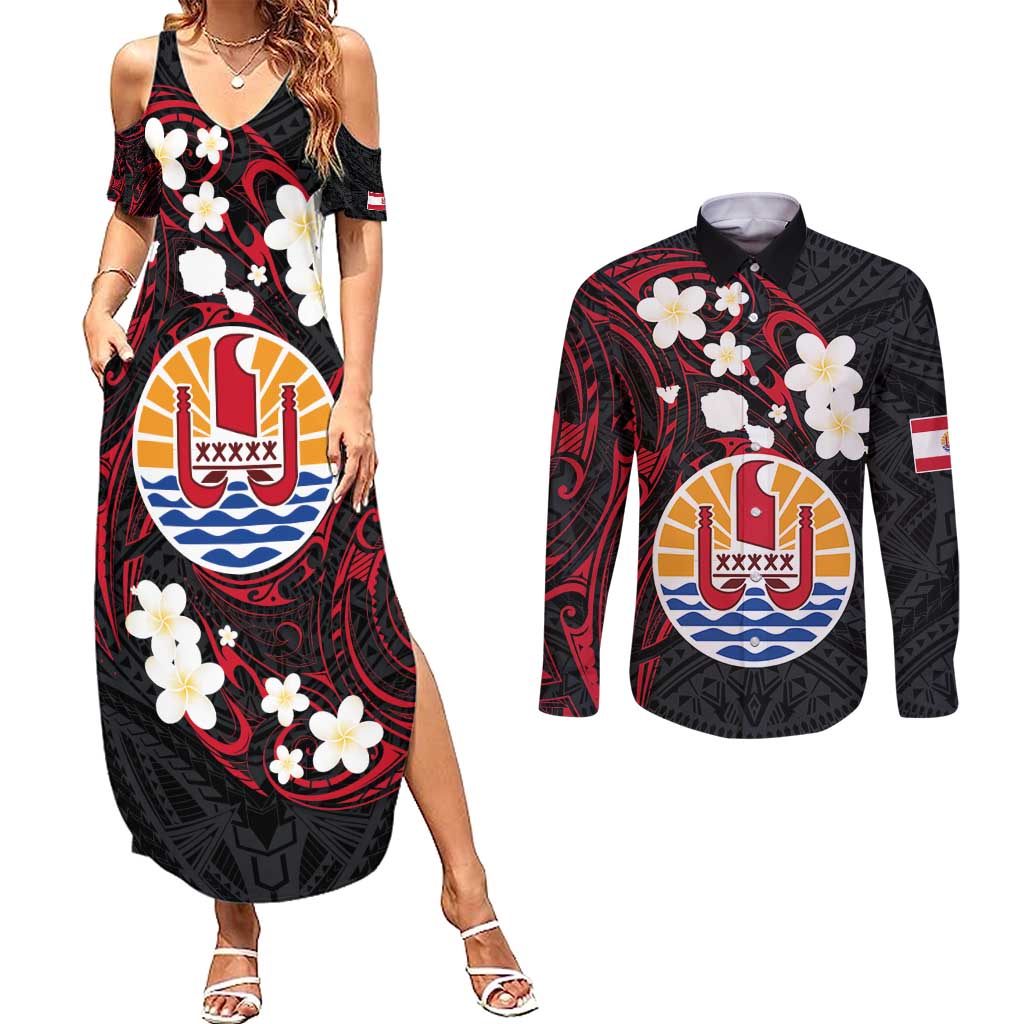 French Polynesia Tiare Day Couples Matching Summer Maxi Dress and Long Sleeve Button Shirt Seal and Polynesian Pattern