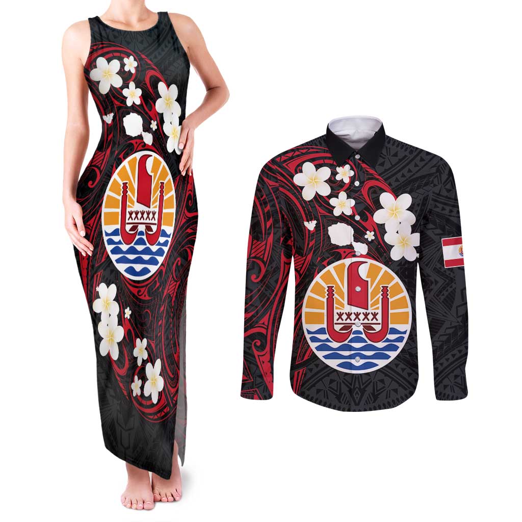 French Polynesia Tiare Day Couples Matching Tank Maxi Dress and Long Sleeve Button Shirt Seal and Polynesian Pattern