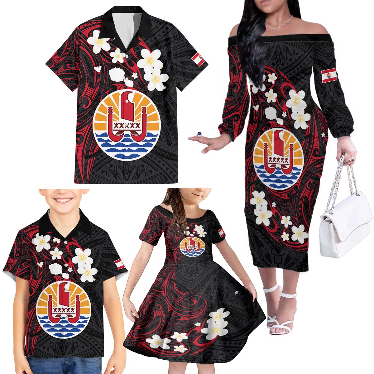 French Polynesia Tiare Day Family Matching Off The Shoulder Long Sleeve Dress and Hawaiian Shirt Seal and Polynesian Pattern LT03 - Polynesian Pride