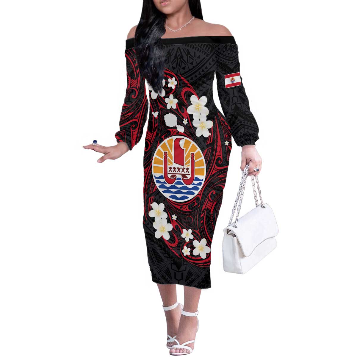 French Polynesia Tiare Day Family Matching Off The Shoulder Long Sleeve Dress and Hawaiian Shirt Seal and Polynesian Pattern