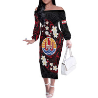 French Polynesia Tiare Day Family Matching Off The Shoulder Long Sleeve Dress and Hawaiian Shirt Seal and Polynesian Pattern