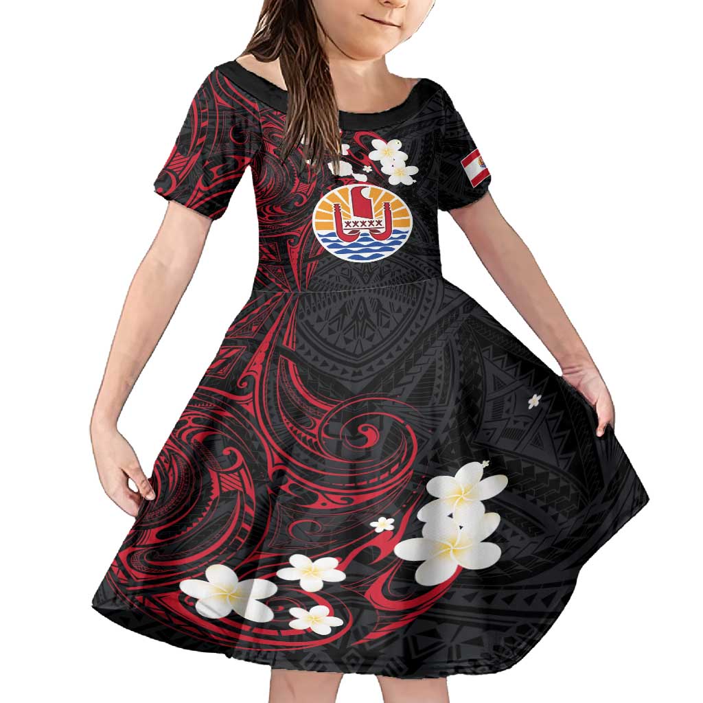 French Polynesia Tiare Day Family Matching Off Shoulder Short Dress and Hawaiian Shirt Seal and Polynesian Pattern LT03 Daughter's Dress Black - Polynesian Pride
