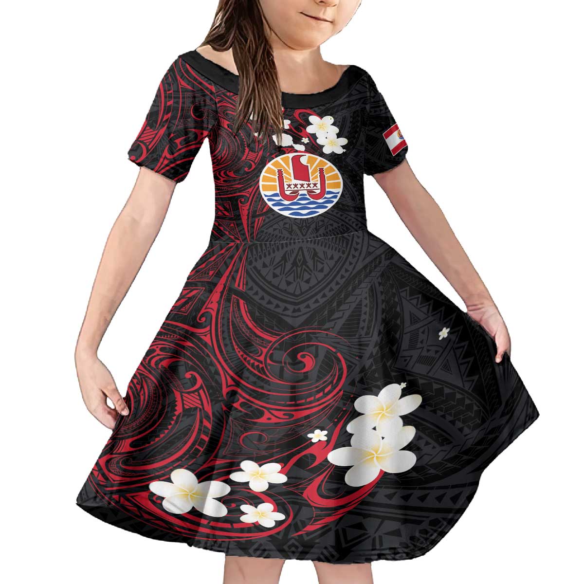 French Polynesia Tiare Day Family Matching Puletasi and Hawaiian Shirt Seal and Polynesian Pattern LT03 Daughter's Dress Black - Polynesian Pride