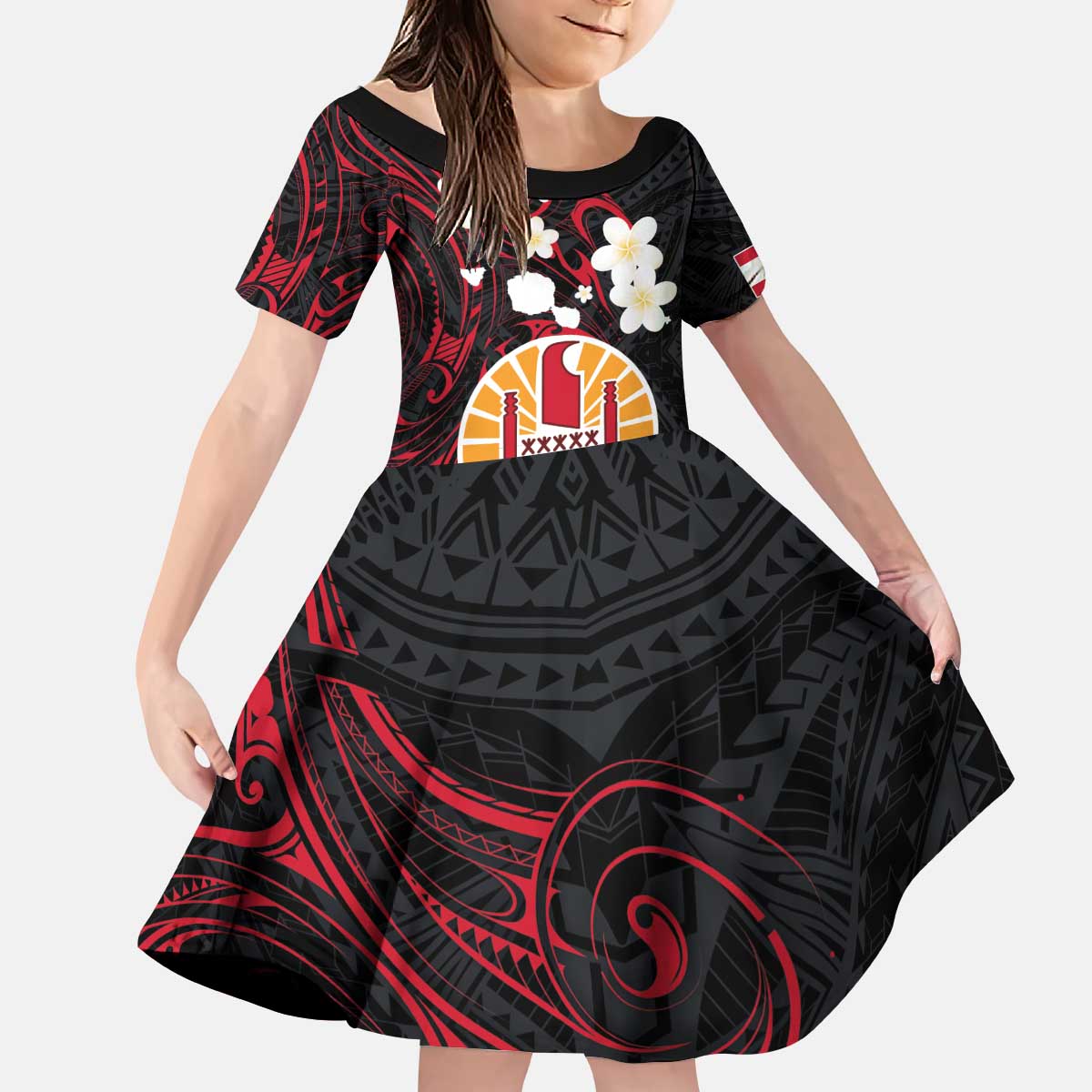 French Polynesia Tiare Day Kid Short Sleeve Dress Seal and Polynesian Pattern