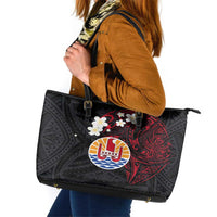 French Polynesia Tiare Day Leather Tote Bag Seal and Polynesian Pattern LT03 Black - Polynesian Pride