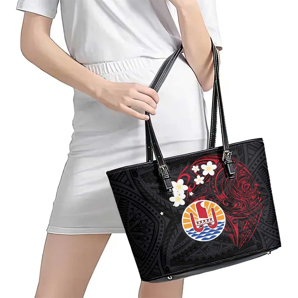 French Polynesia Tiare Day Leather Tote Bag Seal and Polynesian Pattern LT03 - Polynesian Pride