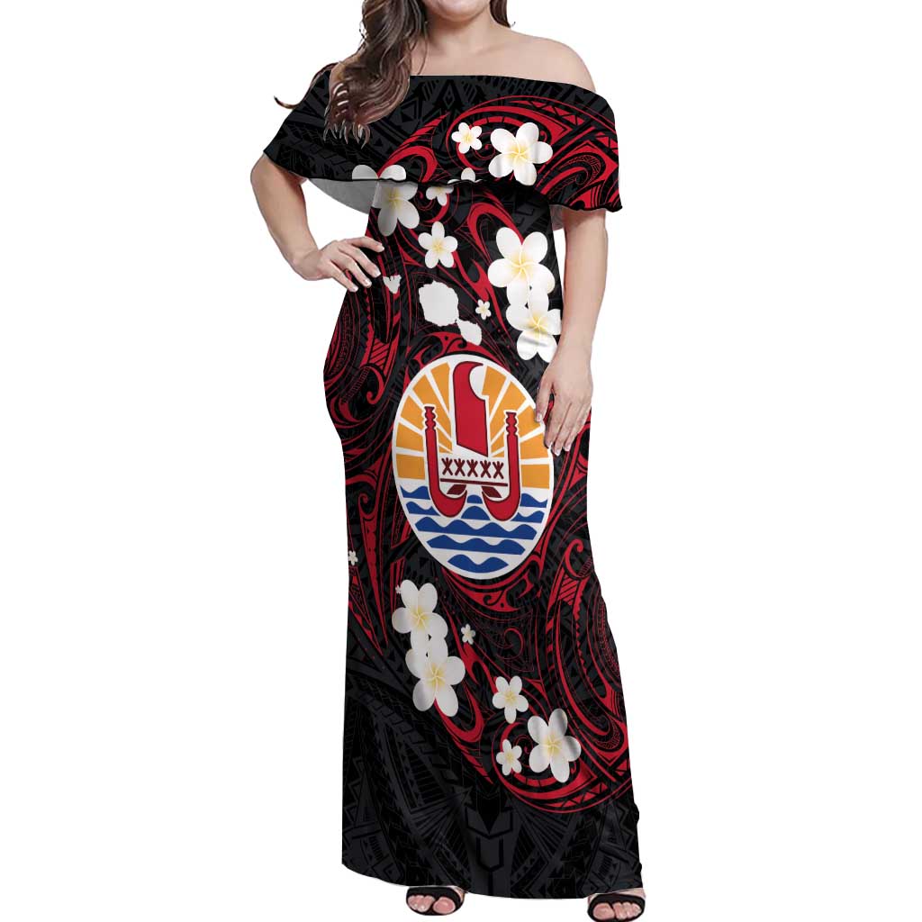 French Polynesia Tiare Day Off Shoulder Maxi Dress Seal and Polynesian Pattern