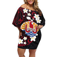 French Polynesia Tiare Day Off Shoulder Short Dress Seal and Polynesian Pattern LT03 Women Black - Polynesian Pride