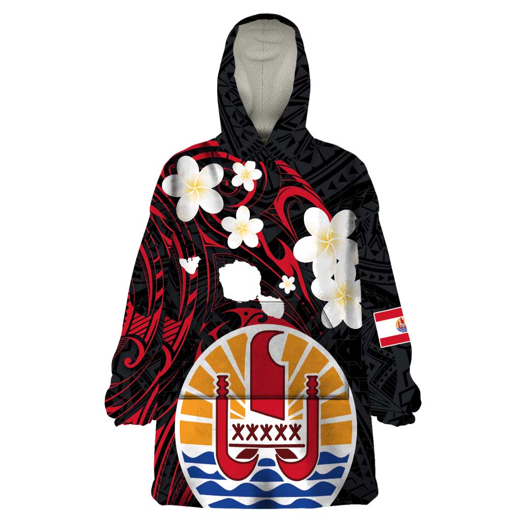 French Polynesia Tiare Day Wearable Blanket Hoodie Seal and Polynesian Pattern LT03 One Size Black - Polynesian Pride