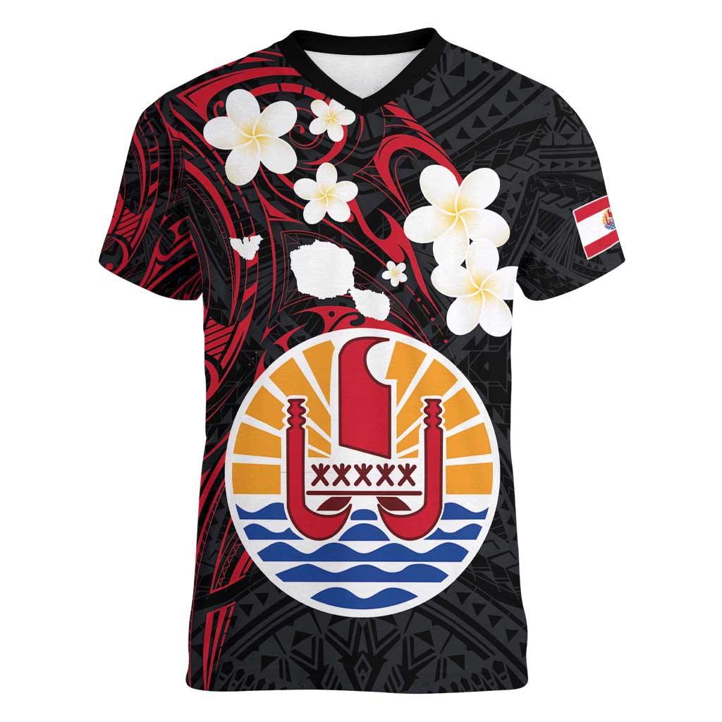 French Polynesia Tiare Day Women V-Neck T-Shirt Seal and Polynesian Pattern