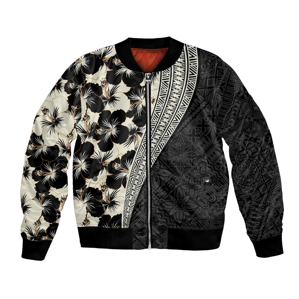 Bula Hibiscus Festival Bomber Jacket Tapa Pattern Half Style LT03 Unisex Beige - Polynesian Pride