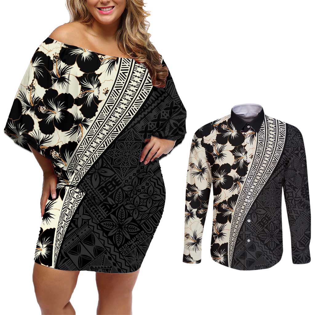 Bula Hibiscus Festival Couples Matching Off Shoulder Short Dress and Long Sleeve Button Shirt Tapa Pattern Half Style