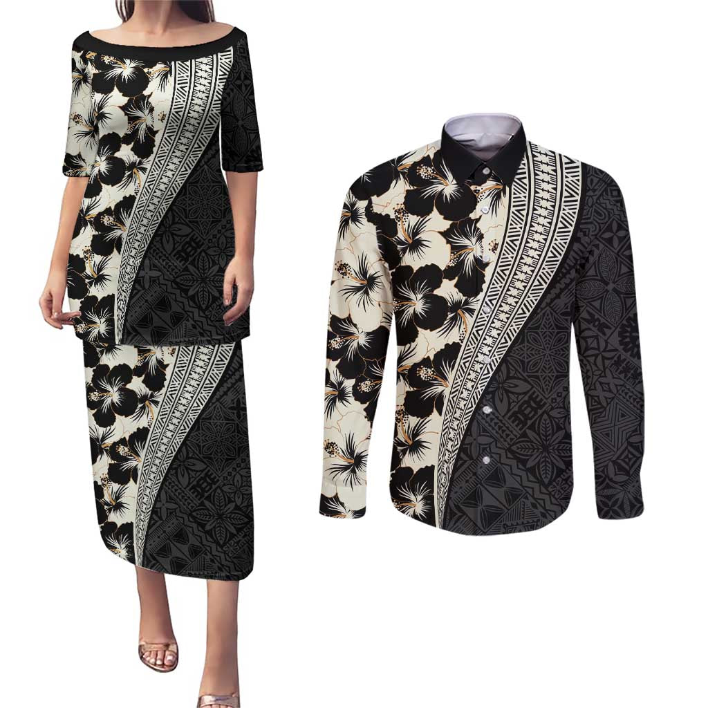 Bula Hibiscus Festival Couples Matching Puletasi and Long Sleeve Button Shirt Tapa Pattern Half Style