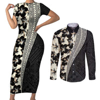 Bula Hibiscus Festival Couples Matching Short Sleeve Bodycon Dress and Long Sleeve Button Shirt Tapa Pattern Half Style