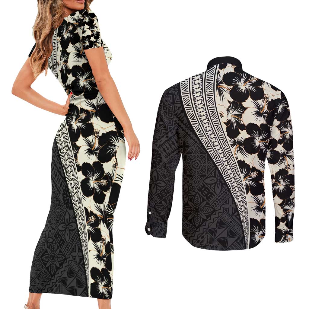 Bula Hibiscus Festival Couples Matching Short Sleeve Bodycon Dress and Long Sleeve Button Shirt Tapa Pattern Half Style