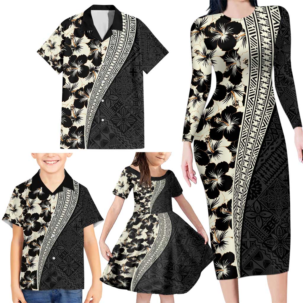 Bula Hibiscus Festival Family Matching Long Sleeve Bodycon Dress and Hawaiian Shirt Tapa Pattern Half Style LT03 - Polynesian Pride