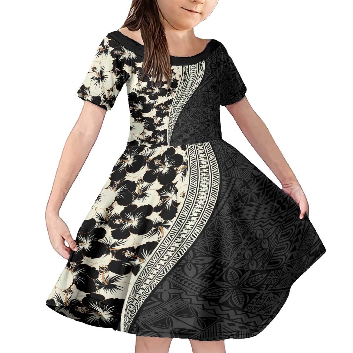 Bula Hibiscus Festival Family Matching Off The Shoulder Long Sleeve Dress and Hawaiian Shirt Tapa Pattern Half Style