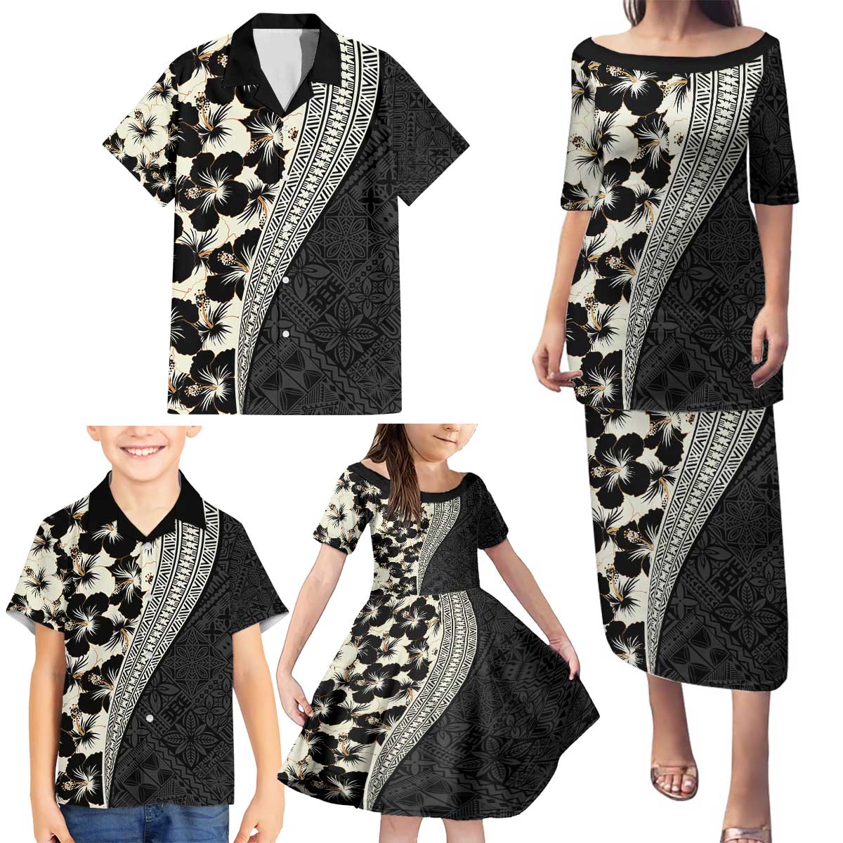 Bula Hibiscus Festival Family Matching Puletasi and Hawaiian Shirt Tapa Pattern Half Style