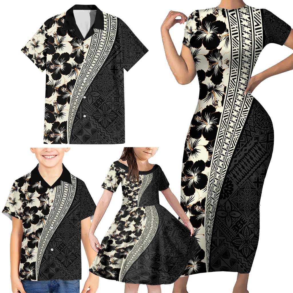Bula Hibiscus Festival Family Matching Short Sleeve Bodycon Dress and Hawaiian Shirt Tapa Pattern Half Style