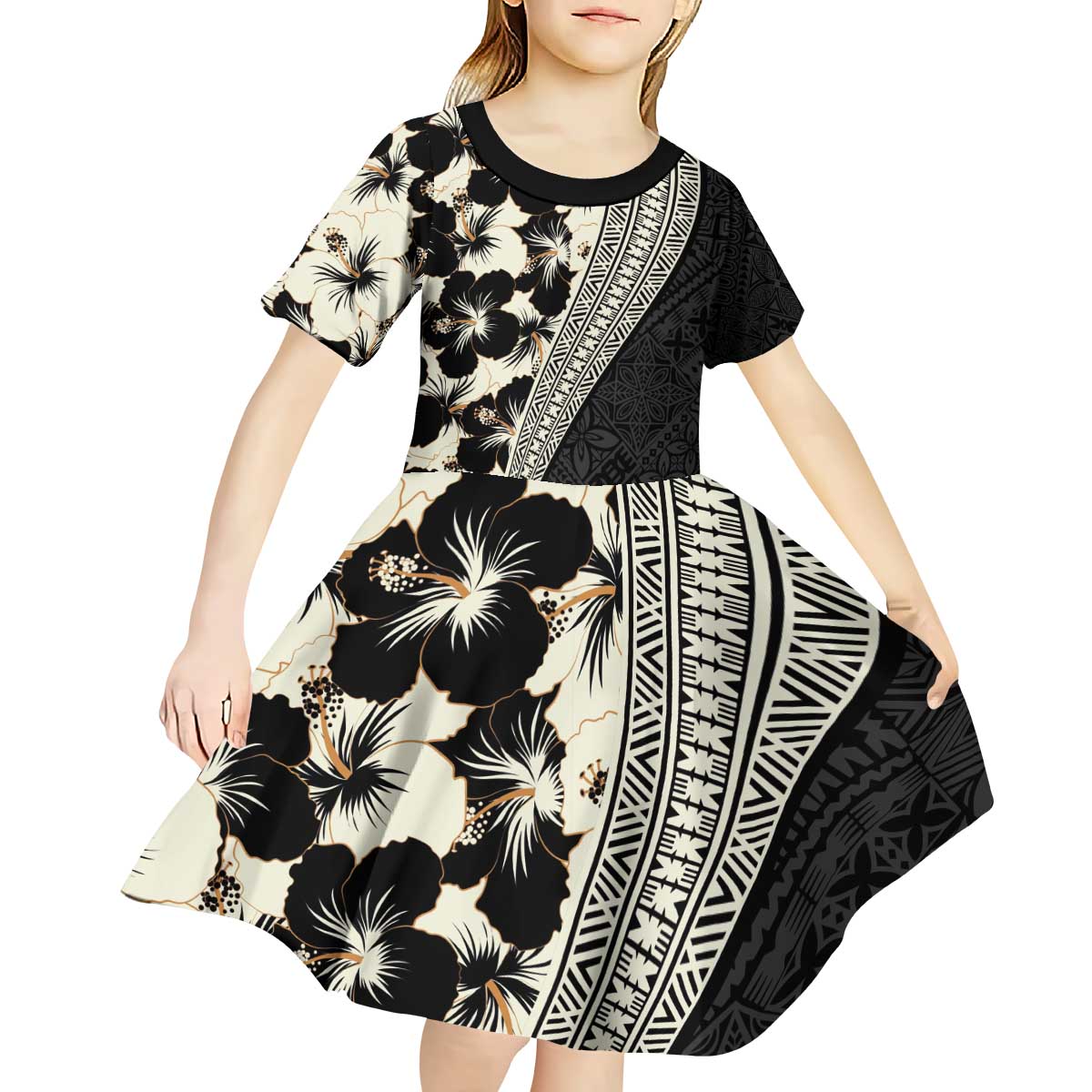 Bula Hibiscus Festival Kid Short Sleeve Dress Tapa Pattern Half Style